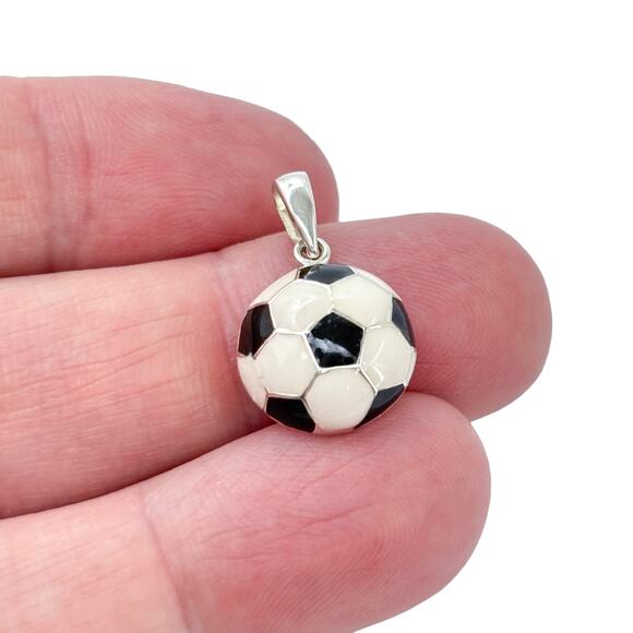 Estate Sterling Silver 925 Enamel Soccer Ball Pendant - Picture 1 of 9